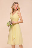 V-Neck Sleeveless A-line Mini Dress Ankle Length Bridesmaid Dress-misshow.com