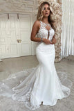 V-neck Sleeveless Appliques Lace Mermaid Floor-length Wedding Dresses