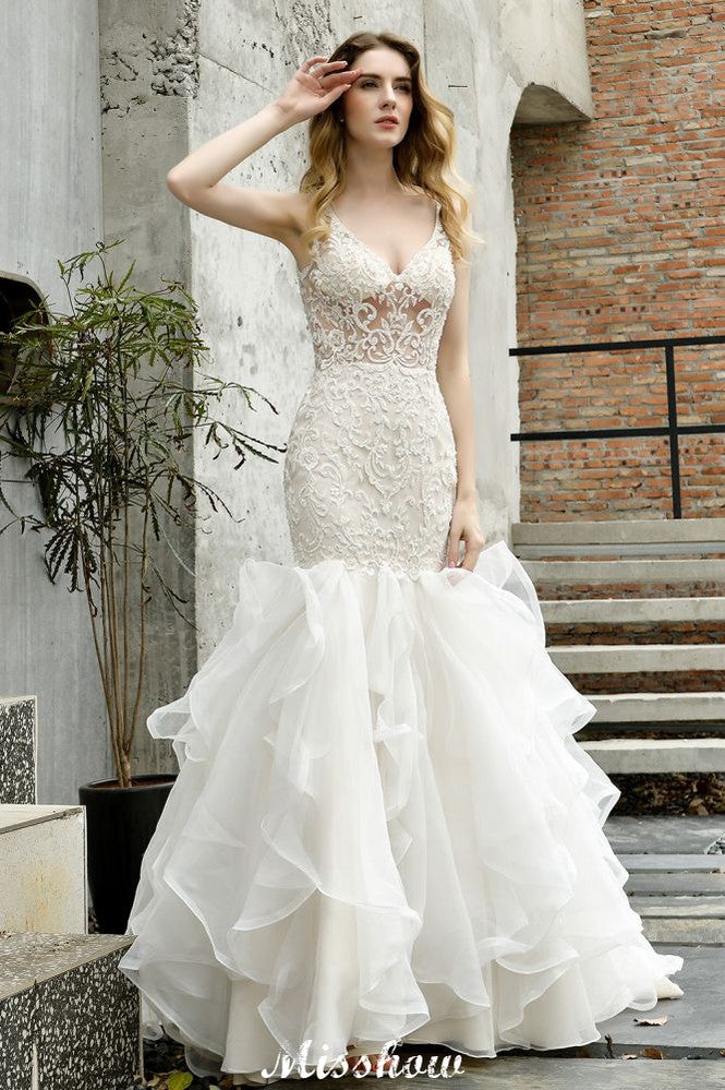 This elegant V-neck Tulle,Organza,Lace wedding dress with Lace,Beading,Appliques,Rhinestone could be custom made in plus size for curvy women. Plus size Sleeveless Mermaid bridal gowns are classic yet cheap.