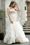 V-Neck Sleeveless Floral Lace Mermaid Bridal Gown Garden Puffy Tulle Slim Wedding Dress