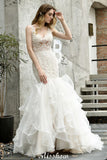 V-Neck Sleeveless Floral Lace Mermaid Bridal Gown Garden Puffy Tulle Slim Wedding Dress