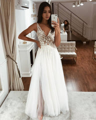 Find this Chic Deep V-neck White Wedding Dressat Misshow, available in everyone color and size you could possibly imagine, which makes picking out the perfect prom dress for your big day easily!