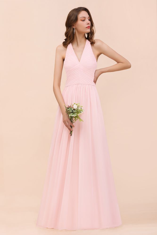 V-Neck Sleeveless Maxi Bridesmaid Dress Pink Chiffon Beach Wedding Dress-misshow.com