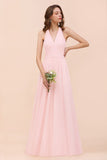 V-Neck Sleeveless Maxi Bridesmaid Dress Pink Chiffon Beach Wedding Dress-misshow.com