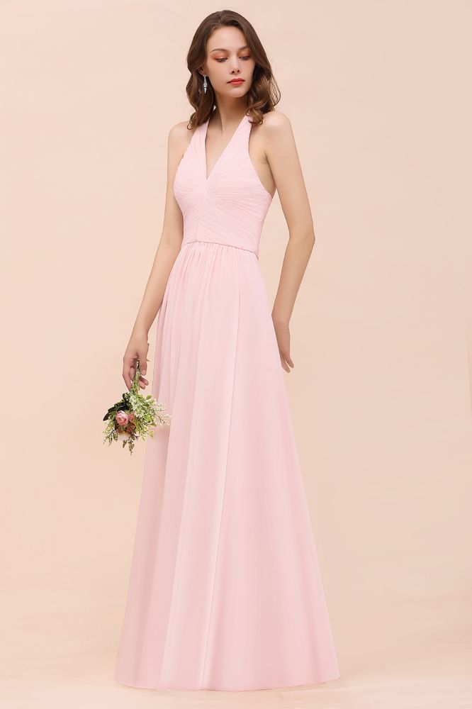 V-Neck Sleeveless Maxi Bridesmaid Dress Pink Chiffon Beach Wedding Dress-misshow.com