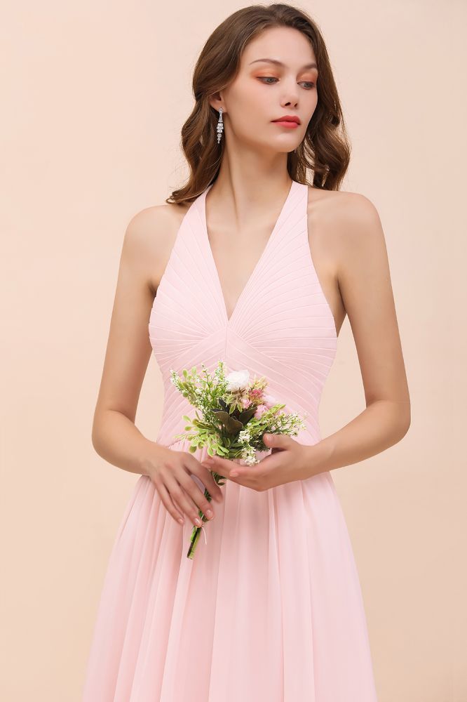 V-Neck Sleeveless Maxi Bridesmaid Dress Pink Chiffon Beach Wedding Dress-misshow.com