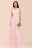 V-Neck Sleeveless Maxi Bridesmaid Dress Pink Chiffon Beach Wedding Dress