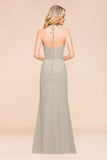 V-Neck Spaghetti Floor Length Folds Bridesmaid Dress-misshow.com