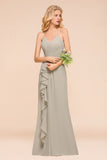 V-Neck Spaghetti Floor Length Folds Bridesmaid Dress-misshow.com