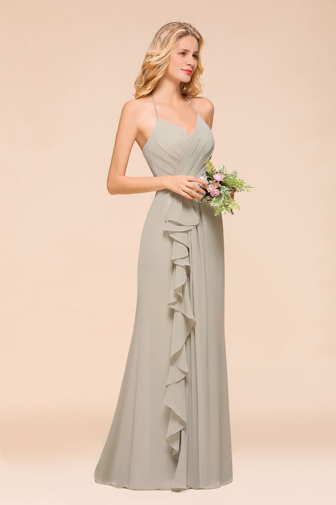 V-Neck Spaghetti Floor Length Folds Bridesmaid Dress-misshow.com