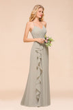 V-Neck Spaghetti Floor Length Folds Bridesmaid Dress-misshow.com