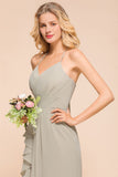 V-Neck Spaghetti Floor Length Folds Bridesmaid Dress-misshow.com