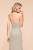 V-Neck Spaghetti Floor Length Folds Bridesmaid Dress-misshow.com