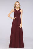 V-Neck Straps Sleeveless Floor-Length Bridesmaid Dress with Ruffles-misshow.com