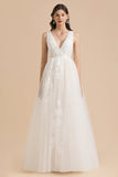 V-Neck Tulle Lace Appliques Simple Wedding Dress Garden Wedding Gowns Floor Length-misshow.com