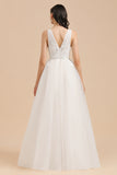 V-Neck Tulle Lace Appliques Simple Wedding Dress Garden Wedding Gowns Floor Length-misshow.com