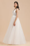 V-Neck Tulle Lace Appliques Simple Wedding Dress Garden Wedding Gowns Floor Length-misshow.com