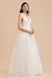 V-Neck Tulle Lace Appliques Simple Wedding Dress Garden Wedding Gowns Floor Length-misshow.com