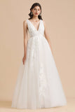 V-Neck Tulle Lace Appliques Simple Wedding Dress Garden Wedding Gowns Floor Length-misshow.com