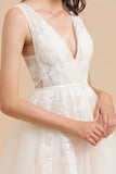 V-Neck Tulle Lace Appliques Simple Wedding Dress Garden Wedding Gowns Floor Length-misshow.com