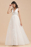 V-Neck Tulle Lace Appliques Simple Wedding Dress Garden Wedding Gowns Floor Length-misshow.com