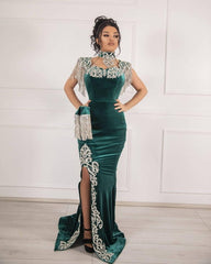 Velvet Dark Green Long Split Mermaid Prom Evening Dresses-misshow.com