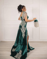 Velvet Dark Green Long Split Mermaid Prom Evening Dresses-misshow.com