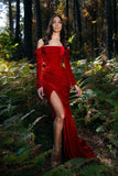 Velvet evening dresses long red | Prom dresses with sleeves