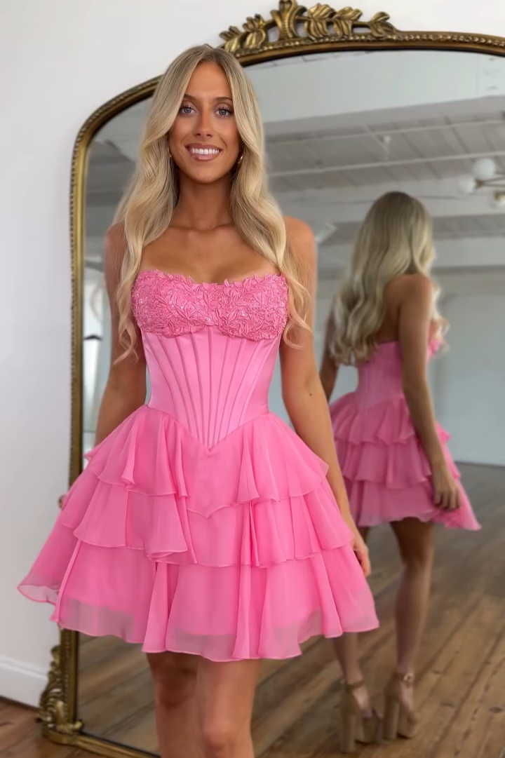 Sweetheart Strapless Boned Corset Homecoming Dress Lace Applique Tiered Ruffle Chiffon Mini
