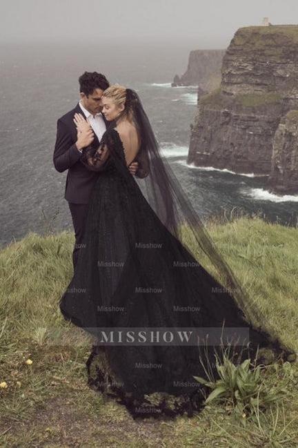 Vintage A-Line Black V-neck Wedding Dresses With Long Sleeves misshow.com Vintage A-Line Black V-neck Wedding Dresses With Long Sleeves misshow.com