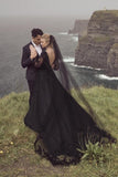 Vintage A-Line Black V-neck Wedding Dresses With Long Sleeves-misshow.com