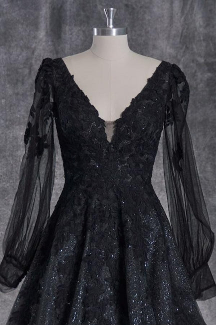 Vintage A-Line Black V-neck Wedding Dresses With Long Sleeves-misshow.com