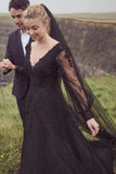 Vintage A-Line Black V-neck Wedding Dresses With Long Sleeves