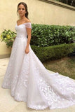 Vintage A-Line Off-the-shoulder Sweep Trian Wedding Dress With Lace-misshow.com