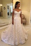 Vintage A-Line Off-the-shoulder Sweep Trian Wedding Dress With Lace-misshow.com