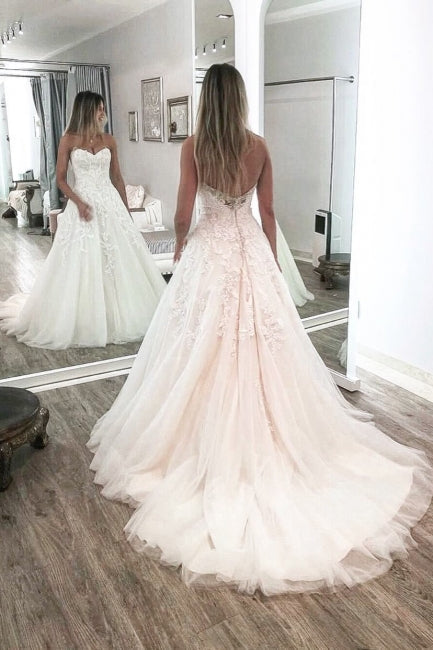 Vintage Backless Sweetheart Sleeveless Chapel A-Line Wedding Dresses-misshow.com