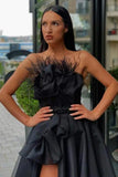 Vintage Black Strapless Flower A-Line Floor-length Prom Dresses with Slit-misshow.com