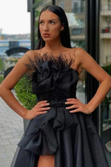 Vintage Black Strapless Flower A-Line Floor-length Prom Evening Dresses with Slit-misshow.com