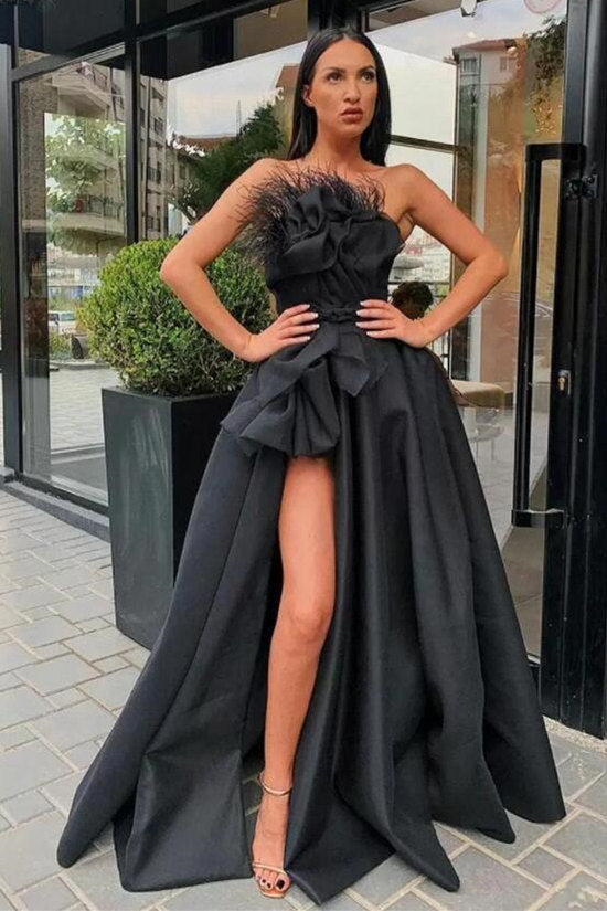 Vintage Black Strapless Flower A-Line Floor-length Prom Evening Dresses with Slit-misshow.com