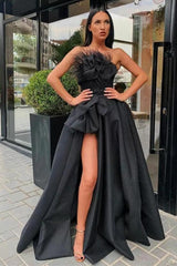 Vintage Black Strapless Flower A-Line Floor-length Prom Evening Dresses with Slit-misshow.com