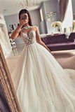 Vintage Jewel Long Sleeves Lace A-Line Tulle Wedding Dresses-misshow.com