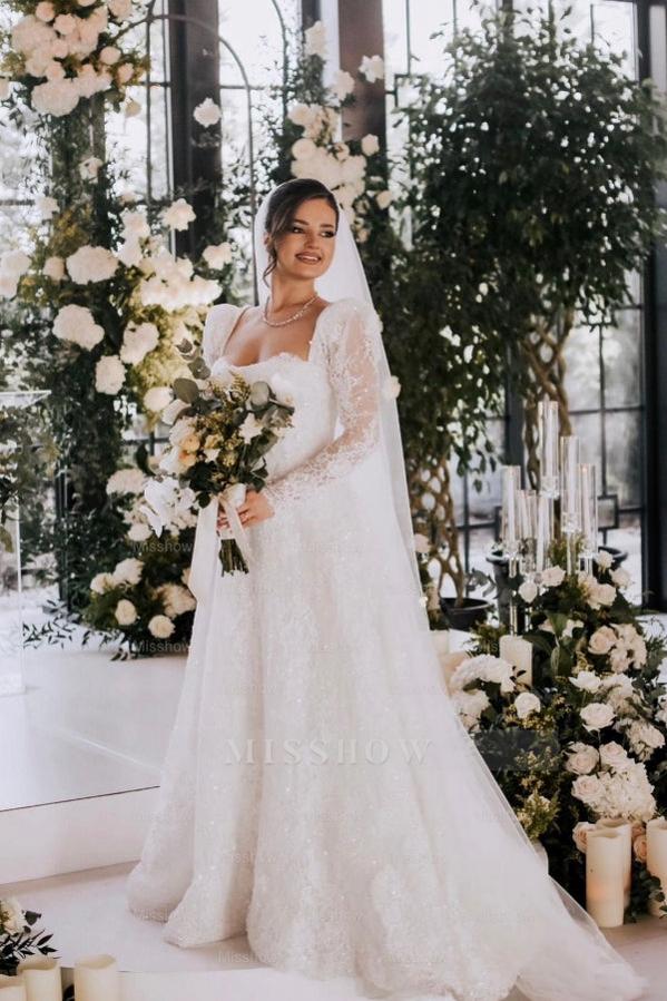 Vintage Long A-line Square Neck Lace Wedding Dress with Long Sleeves misshow.com Vintage Long A-line Square Neck Lace Wedding Dress with Long Sleeves misshow.com