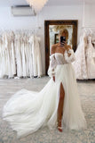 Vintage Long A-line Tulle Split Wedding Dresses With Long Sleeves-misshow.com