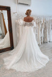 Vintage Long A-line Tulle Split Wedding Dresses With Long Sleeves-misshow.com
