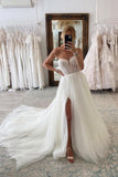 Vintage Long A-line Tulle Split Wedding Dresses With Long Sleeves