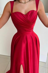 Vintage Long Red A-line Satin Pleated Sleeveless Prom Evening Dresses with Slit