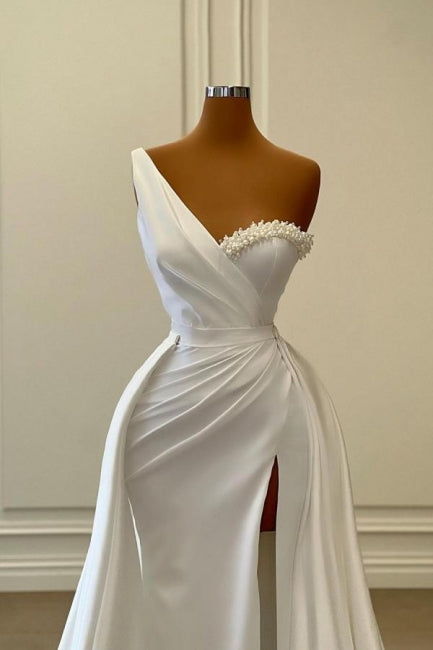Vintage Long White One Shoulder Pearls Sleeveless Evening Dresses With Slit-misshow.com