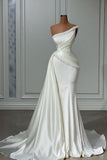 Vintage Long White One Shoulder Sleeveless Wedding Dresses With Beads-misshow.com