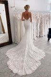 Vintage Long White V-neck Mermaid Lace Wedding Dresses-misshow.com