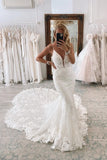 Vintage Long White V-neck Mermaid Lace Wedding Dresses-misshow.com